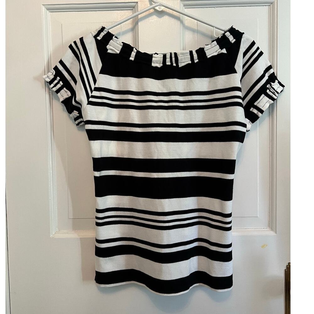 Vintage Michael Kors Black White Stripe Top Raw Edge Neck Y2K T Shirt Women's S - Picture 2 of 14